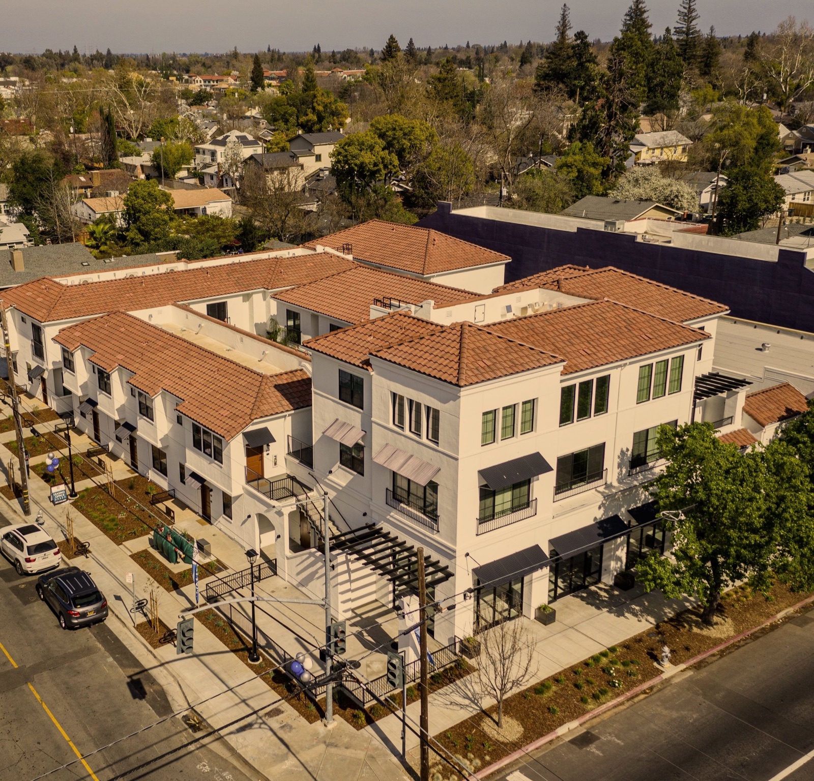 Aerial view of the Angelino mixed-use community in East Sacramento